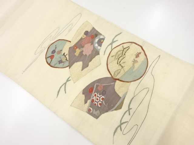 JAPANESE KIMONO / ANTIQUE FUKURO OBI / SILK / WOVEN JIGAMI & FLORAL CART